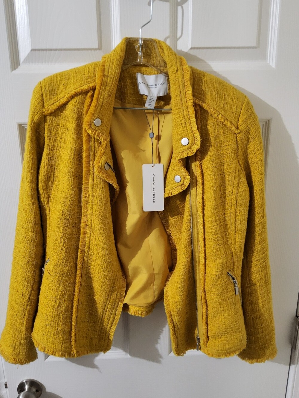 CAROLINA BELLE MONTRÉAL Yellow Tweed Fringe Moto zip Front Blazer Jacket Sz M
